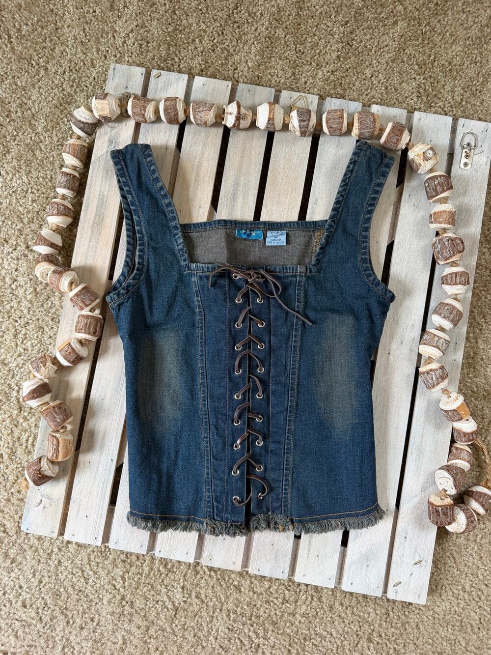 Vintage Y2K Justine Girls Denim Lace Up Tank Top Shirt